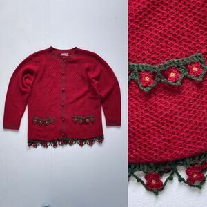 Vintage 90's Red Crochet Cardigan / April Cornell / Sz M / Floral / Cottagecore